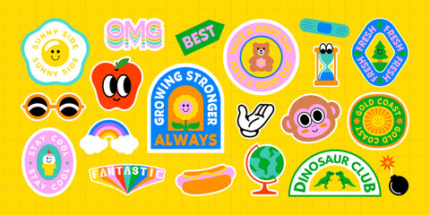 Colorful retro cartoon label shape set. Collection of trendy vintage sticker shapes. Funny comic character art and quote sign patch bundle. Cute children icon, fun happy illustrations.