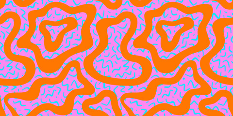 Abstract colorful neon print seamless pattern illustration in retro 80s style. Trendy background with creative line drawing.