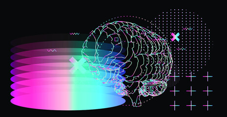 Poster - Abstract scientific background with 3D silhouette of the human brain and geometric figures.