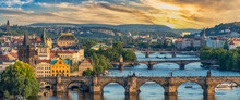 Prague Czech Republic, Panorama Sunset City Skyline At Charles Bridge Vltava River And Prague Old Town, Czechia