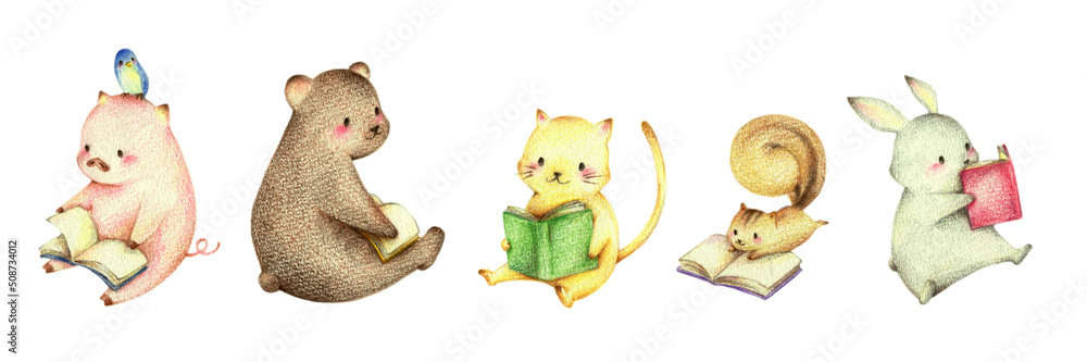 読書する動物たちのセット 手描き色鉛筆画 の Stock イラスト | Adobe