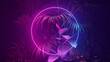 © RocknRoller Studios - Cyberpunk Background Design. Tropical Leaves with Blue and Pink, Circle shaped Neon Frame.