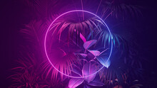 Cyberpunk Background Design. Tropical Leaves With Blue And Pink, Circle Shaped Neon Frame.