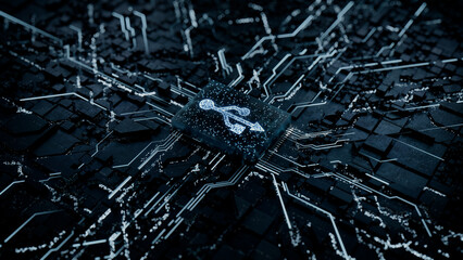 Interface Technology Concept with usb symbol on a Microchip. Data flows from the CPU across a Futuristic Motherboard. 3D render.