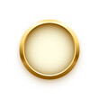 © backup16 - White button in round gold frame vector illustration. 3d realistic shiny metal golden circle ring on push click button for website, abstract badge element design or medal isolated on white background