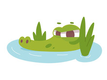 Cute Crocodile Character Swimming In Tropical Swamp With Cane, Angry And Hungry Alligator