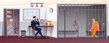 Policeman And Prisoner In Police Station Scene. Security Department Vector Illustration. Man Sitting In Cell Jail, Guard At Desk Computer With Phone