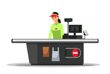 Female cashier in uniform of supermarket checkout standing at counter, waiting customers