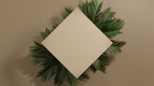 Diamond Botanical Frame With Palm Plant Border. Beige, Natural Design With Copy Space.