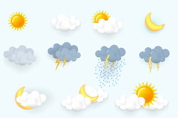 cloud weather set. realistic 3d symbol design. complete collection. isolated on blue background. vec