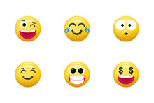 Set Of Icons Face Emotion Realistic 3d Render. Yellow Glossy Emoticons. Vector Illustration