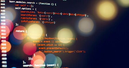 Laptop Display Closeup Photo. Information technology website coding standards for web design Programmer developer screen.