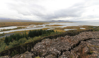 Wall Mural - landscape of the Thingvellir national park in Iceland. The place where North American and Eurasian tectonic plates meet.