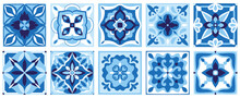 Ceramic Tiles Set In Blue Cobalt Colors. Azulejo, Spanish Pattern, Patchwork Floral Ornaments, Portuguese Background. Majolica, Decorative Pottery Design, Vector Illustration.