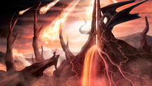 Fantasy Scenery With A Wizard On A Rock And A Dragon Sitting On A Volcano With A Lava Waterfall. Doomsday Landscape With A Bright Sun, Dark Gloomy Clouds And Large Meteorites Falling On A Dying Planet