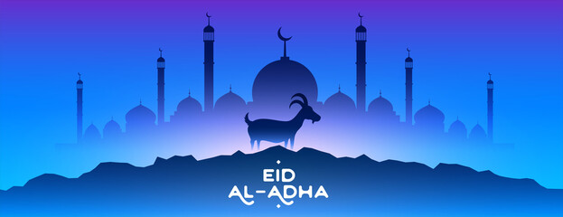 eid al adha mubarak with mosque and goat blue background