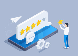 isometric vector illustration on a gray background, a man puts 5 stars in the rating of a comment on a smartphone screen, user activity and rating on the Internet