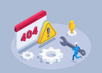 isometric vector illustration on a gray background, a man with a wrench runs to the browser window with the numbers 404 and an exclamation mark, web page error