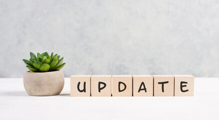 The words update is standing on wooden cubes, progress in business, desk in an office, copy space for text, catus plant
