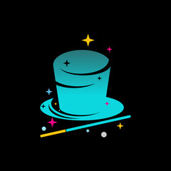 Simple and unique hat and magic wand with many stars image graphic icon logo design abstract concept vector stock. Can be used as a symbol related to entertainment or player profession