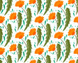 Seamless pattern with flat hand drawn dandelions with foliage on white background with dots and foliage. Vector natural texture with flowers.