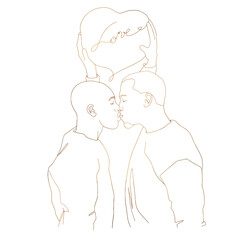 Homosexual kisses mens with lettering love. Hand drawn vector line art of a two kisses man. Design for LGBT, greeting card, T-shirt design, LGBTQ, pride. Golden trendy modern design.