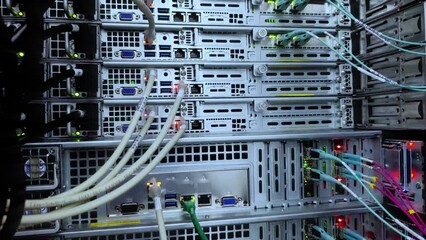 Optical fiber. Severs computer in a rack at the large data center.