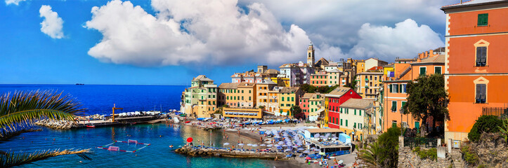 Poster - Most colorful coastal towns near Genova - beautiful Bogliasco village in Liguria with nice beach. Italy summer destinations