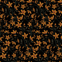 Seamless Pattern With Autumn Botanical, Elegant Floral Composition On Dark Background. Old Fashioned Botanical Print, Vintage Surface Design With Autumn Forest, Small Flowers, Leaves, Branches. Vector