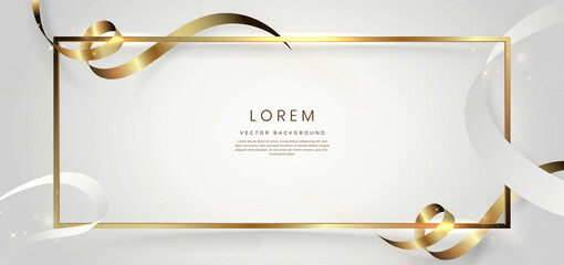 Abstract 3d gold curved ribbon on white background with lighting effect and sparkle with copy space for text. Luxury frame design style.