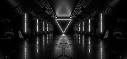Wall Mural - a dark tunnel lit by white neon lights. reflections on the floor and walls. 3d rendering image.