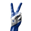 Hand making the V victory sign with flag of honduras