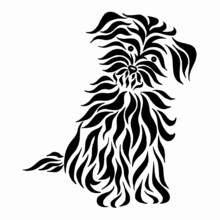 Terrier Shaggy Funny Dog. Shaggy Dog Breed Drawing. Black White Illustration Of A Fluffy Dog. Linear Drawing. Calligraphy Image.