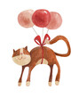 Cat on balloons. Watercolor illustration, hand drawn