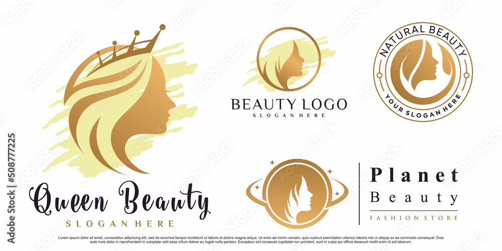 Set of beauty queen logo design with woman face illustration for salon ...