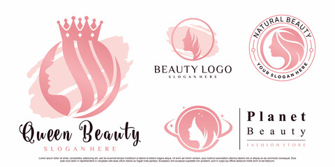 Wall Mural - Set of beauty queen logo design with woman face illustration for salon Premium Vector