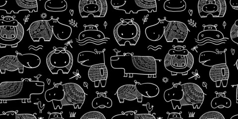 Poster - Hippopotamus family, cute hippo characters. Seamless Pattern Background for your design