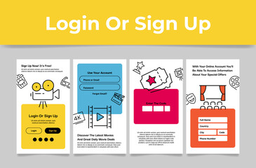 Collection cinema log in sign up online account application website vector illustration