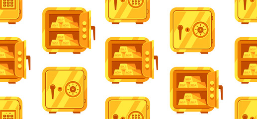 Wall Mural - seamless pattern with metal safes. open and closed safe with gold ingots and dollars. flat style