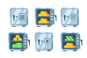 Wall Mural - metal safes. open and closed safe with gold ingots and dollars. flat style