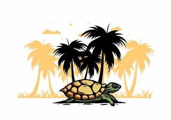 Wall Mural - Sea turtle under the coconut tree illustration