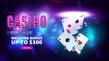 Online Casino, Welcome Bonus, Banner For Website With Button Playing Cards With Poker Chips Flying Out Of The Portal