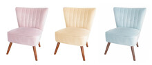 A Set Of Three Upholstered Chairs In Pink, Yellow, And Mint Colors On A White Background.