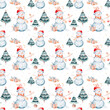 Watercolor Merry Christmas seamless pattern with snowman, christmas tree , snowman, holiday cute animals bunny rabbit, rabbit and baby deer . Christmas celebration cards. Winter new year
