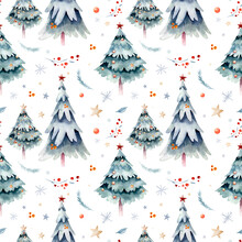 Watercolor Merry Christmas Seamless Pattern With Snowman, Christmas Tree , Snowman, Holiday Cute Animals Bunny Rabbit, Rabbit And Baby Deer . Christmas Celebration Cards. Winter New Year