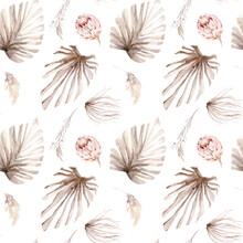 Watercolor Protea Seamless Pattern With Rose, Leaves, Branches, Pampas Ans Dried Palm Leaves And Flowers. Hand Drawing Bohemian Gold Pink Pattern Prorea.
