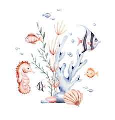 Wall Mural - sea animals composition. Blue watercolor ocean fish, turtle, whale and coral. Shell aquarium mermaid submarine. Nautical dolphin marine illustration, jellyfish, starfish
