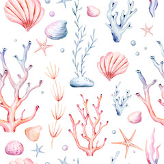 Wall Mural - Watercolor seaweeds seamless pattern. Sea underwater plants, ocean coral reef and aquatic kelp, hand drawn marine flora background. hand drawn seaweed cartoon sketch aquarium
