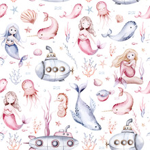 Watercolor Sea Seamless Pattern With Snorkeling Mermaids, Corals, Seahorse And Dolphin. Backgroud For Children's Room Design And Textiles Submarine Whale, Unicorn-fish, Fish And Jellyfish.