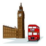 Fototapeta Big Ben - Old red London bus background with Big Ben clock tower of Westminster palace London famous symbols of London England drawing in cartoon vector